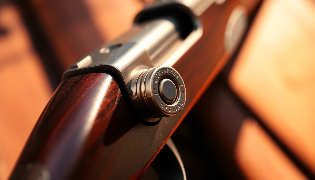Showcasing a classic Winchester rifle with a .32WIN cartridge ready for hunting in natural daylight.