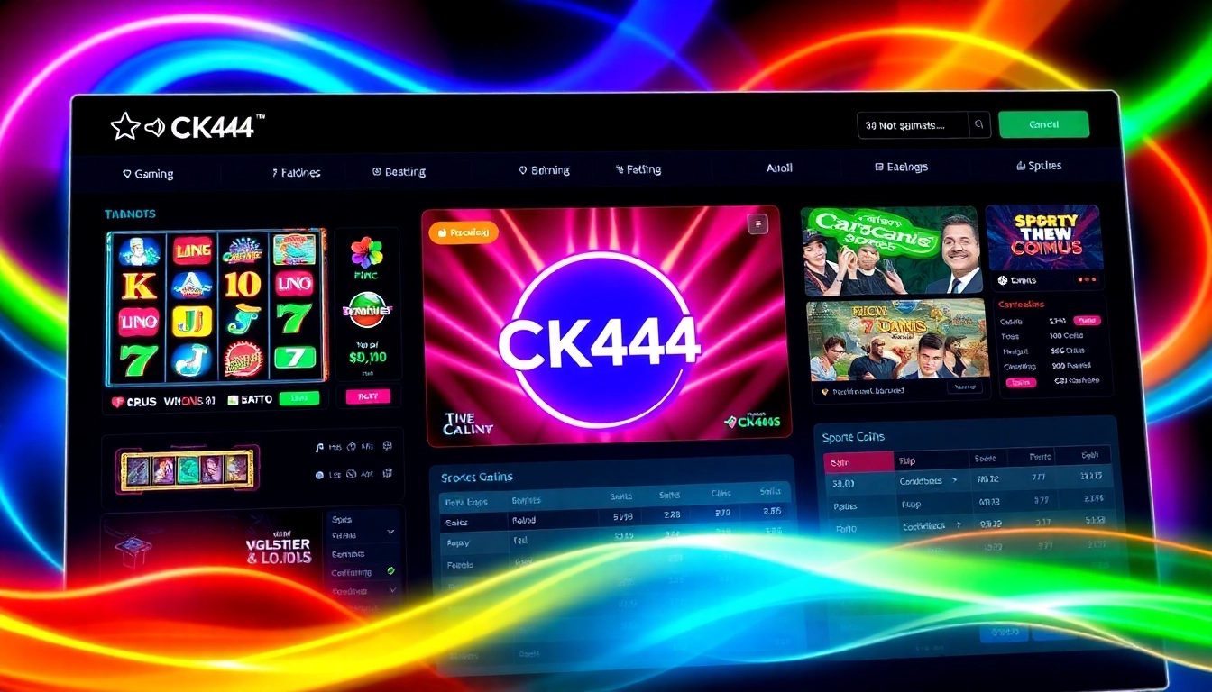 CK444 online gaming platform showcasing slots, live casino, and sports bets with engaging visuals and vibrant colors for user appeal.
