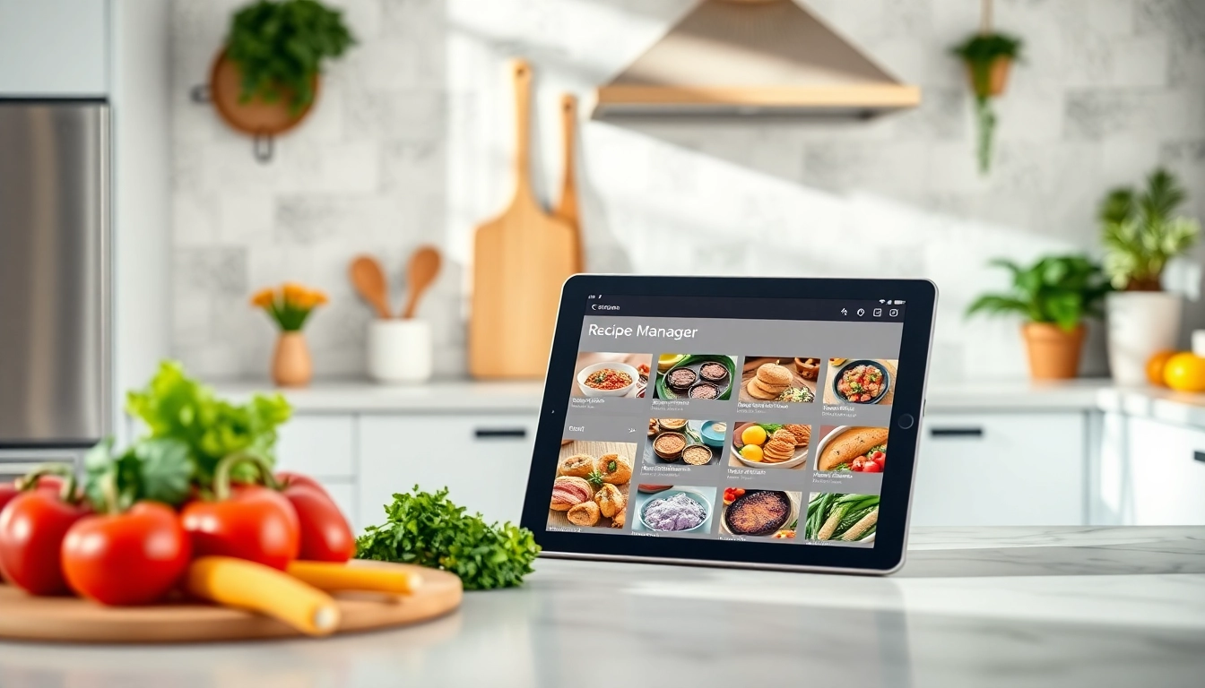 A user-friendly recipe manager app on a tablet shown in a bright kitchen, emphasizing organization and cooking ease.