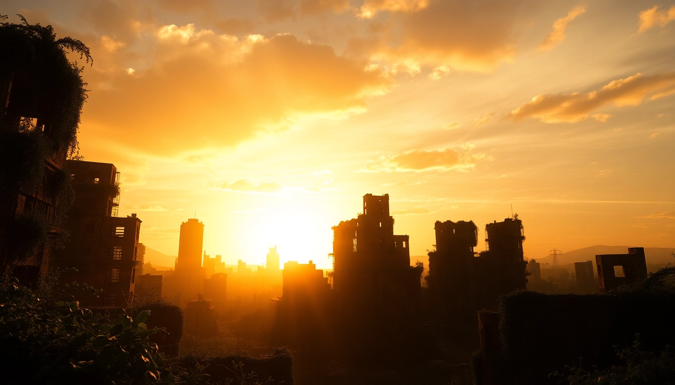 Watch одни из нас 2 сезон смотреть онлайн in an engaging scene of vibrant, overgrown city ruins under a sunset.