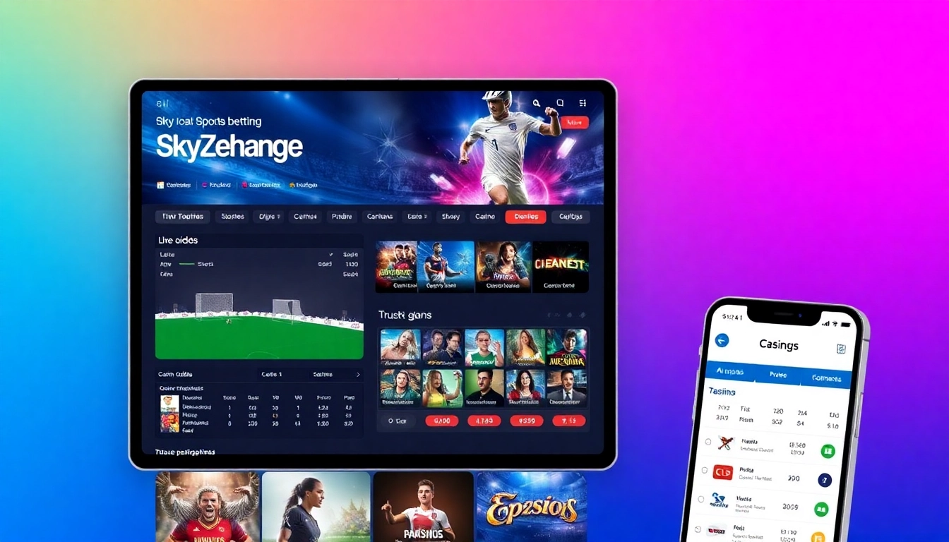 Skyexchange live betting platform with vibrant casino and sports graphics, engaging users visually.