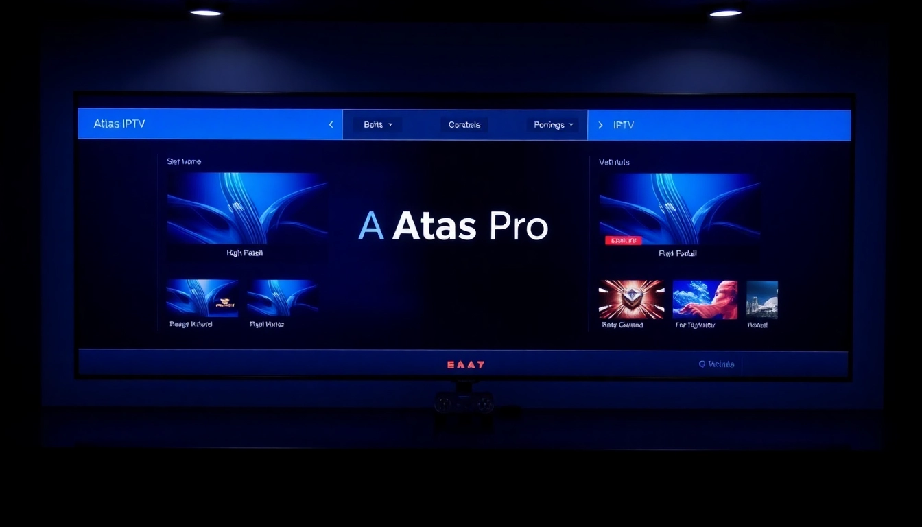 Atlas Pro IPTV streaming interface showcasing multiple channels and VOD content on a high-tech screen for user engagement.