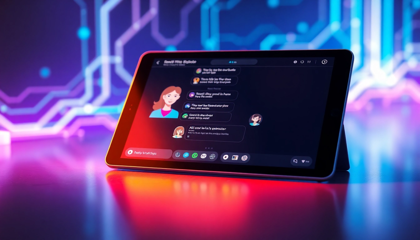 Close-up of a futuristic tablet showing colorful AI chat avatars and conversation on a glowing digital interface.