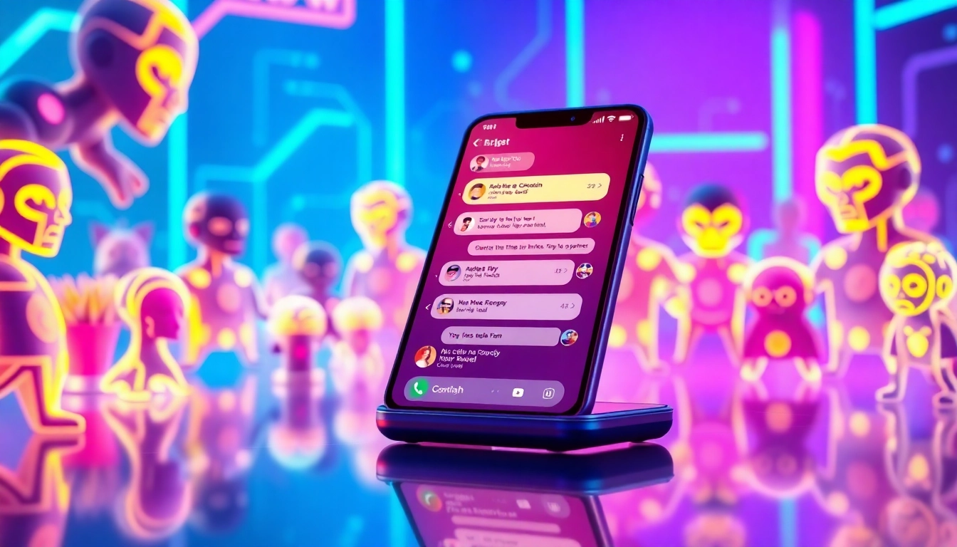 Futuristic smartphone displaying customizable AI characters in a neon-lit digital environment.