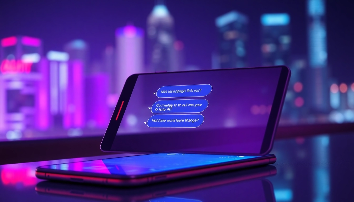 Futuristic smartphone displaying a playful chat interface with neon-lit cityscape background, emphasizing AI conversations.