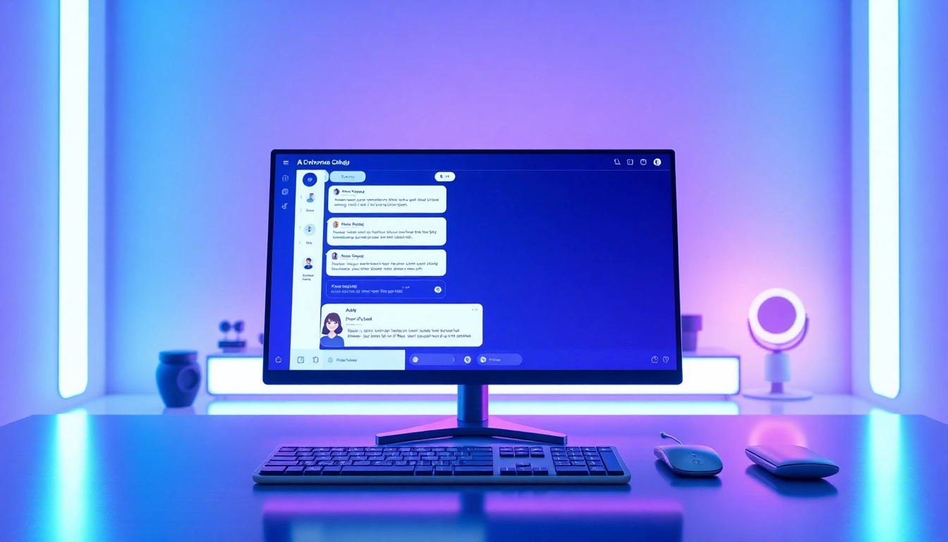 Futuristic digital workspace with AI chatbot interface on a computer screen