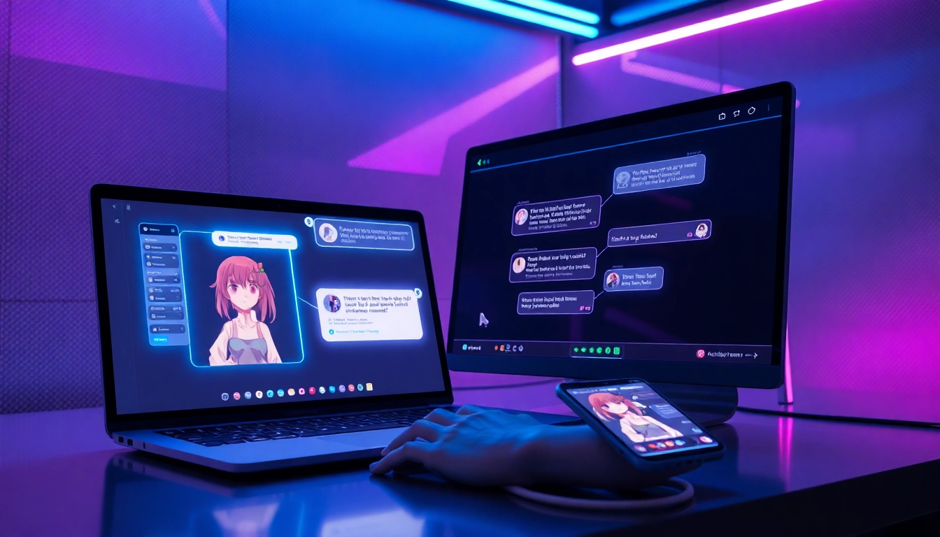 Futuristic digital workspace with AI chat interfaces and holographic elements