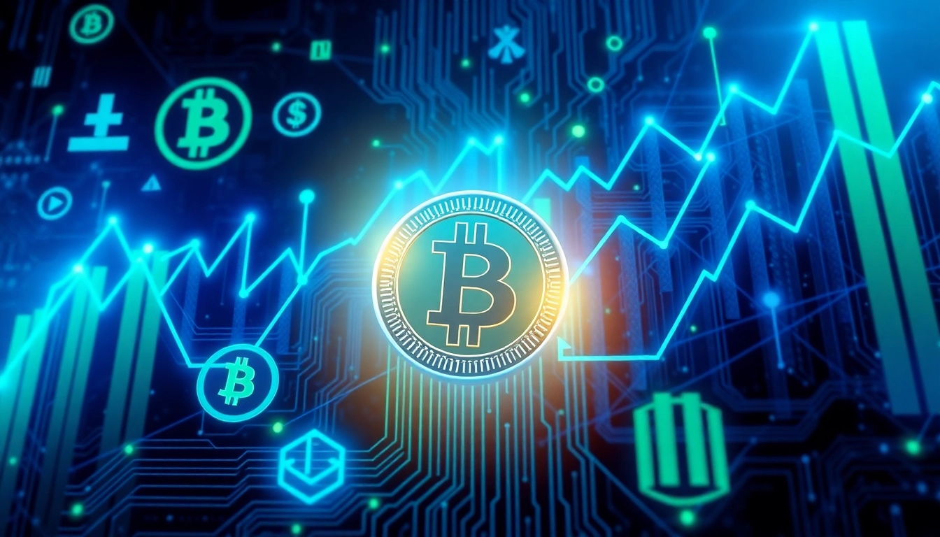 Cryptocurrency market charts showing growth trends and digital coins representing blockchain