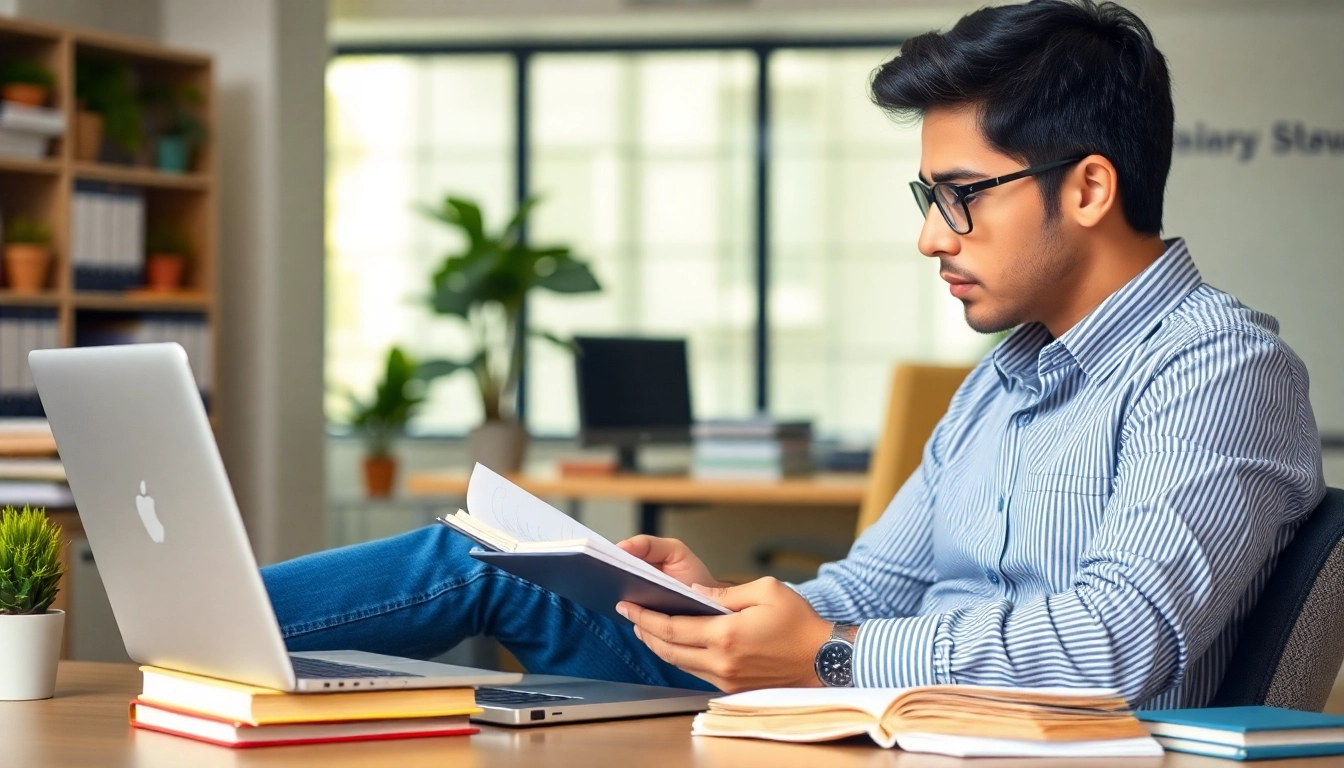 Young professional studying for Sarkari Naukri exams using books and laptop in a bright,