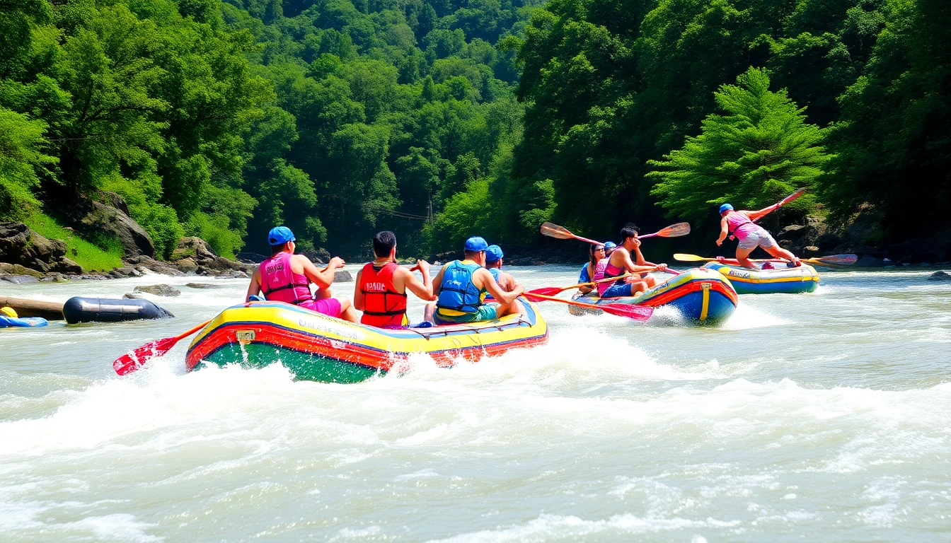 Dandeli River Rafting adventure with paddlers splashing through thrilling rapids amid dense
