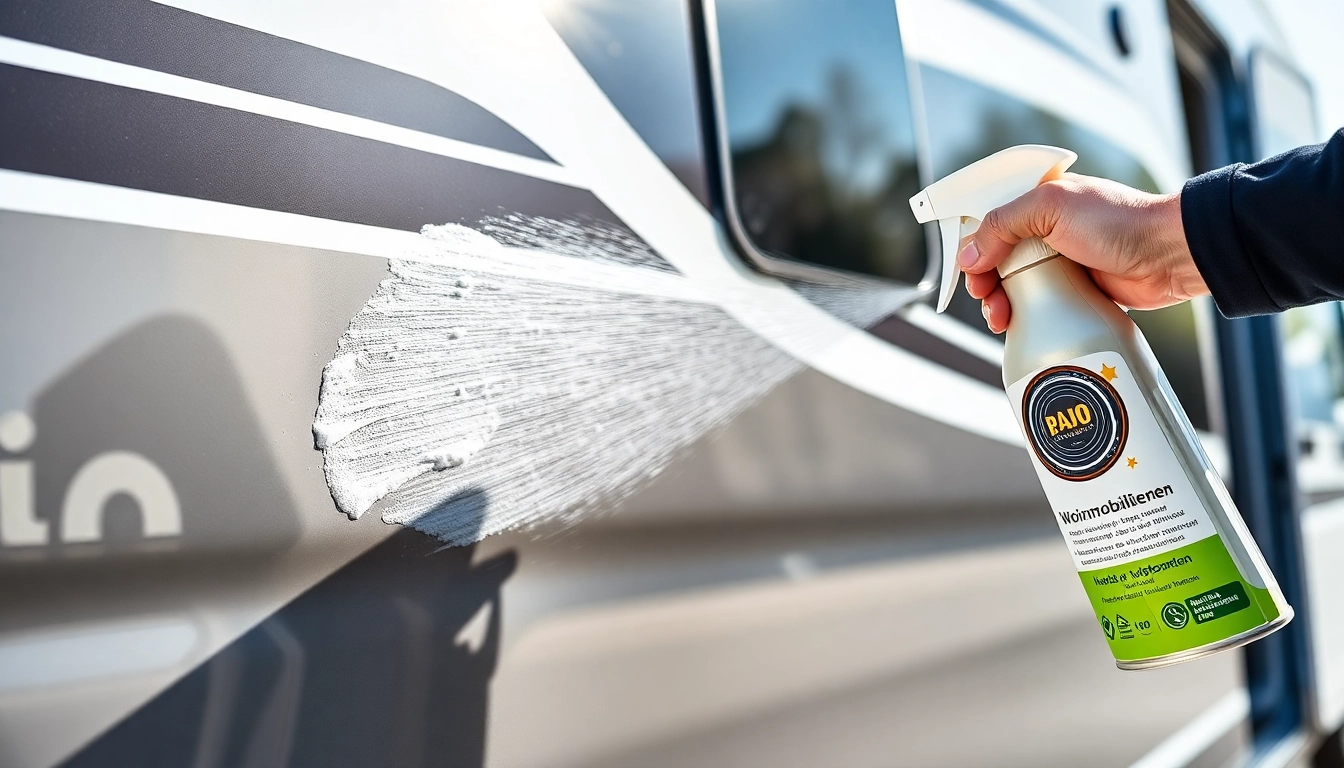 Effective Wohnmobilreiniger in action cleaning a campervan's exterior, showcasing shine and